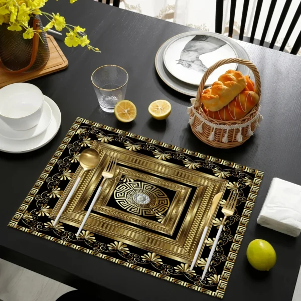 1PC Luxus Schwarz Goldene Leinen Tischsets Griechenland Geometrische Rechteck Gedruckt Rechteckige Und Dekoration Tischsets