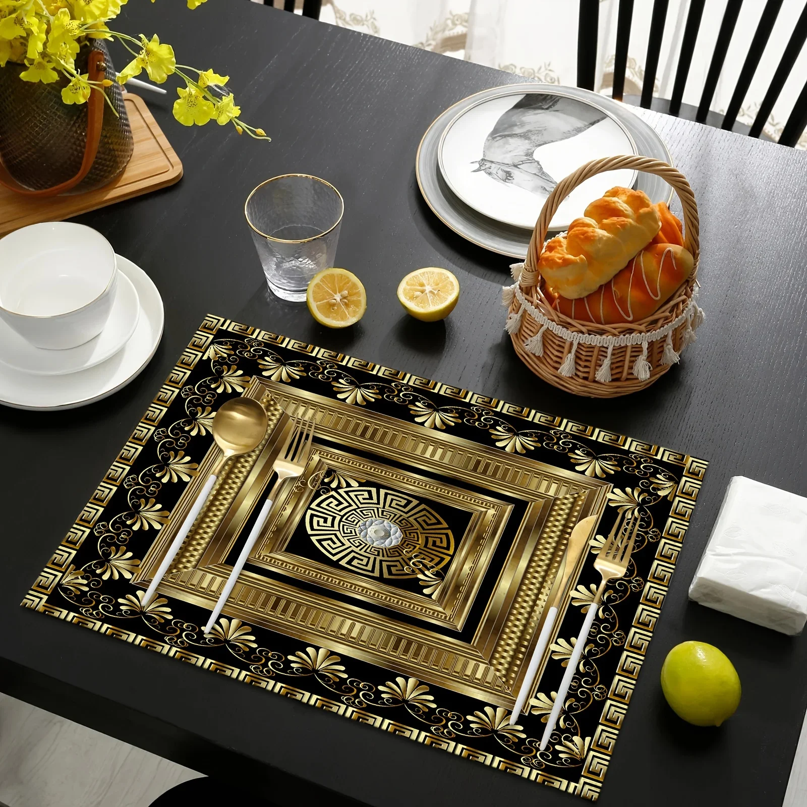 1PC Luxus Schwarz Goldene Leinen Tischsets Griechenland Geometrische Rechteck Gedruckt Rechteckige Und Dekoration Tischsets