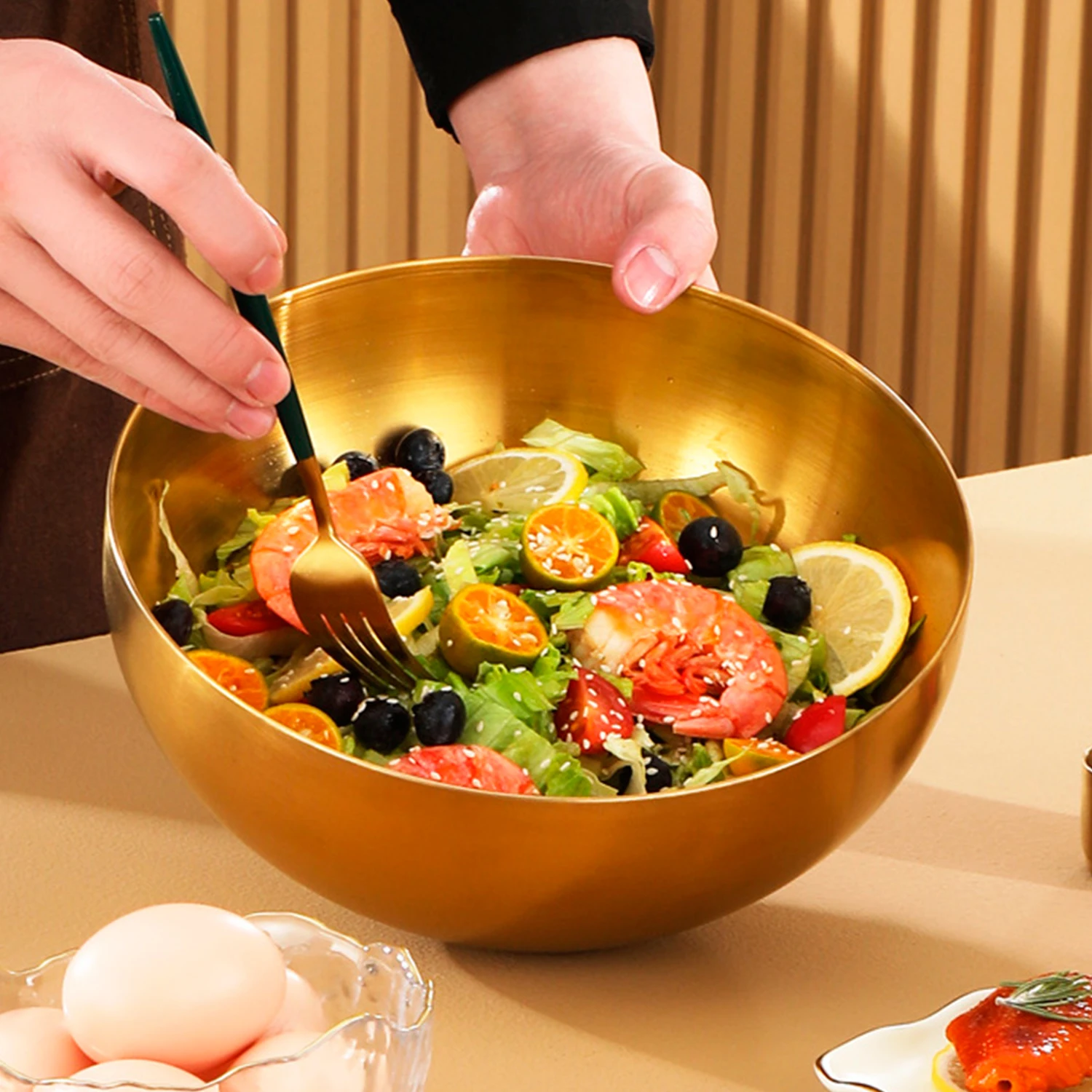 Große Kapazität Edelstahl Salatschüsseln Koreanische Suppe Reisnudeln Ramen Schüssel Küche Lebensmittelbehälter, Gold, 20X9CM
