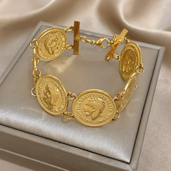 Trendiges vergoldetes Edelstahl-Münzen-Armband für Damen und Herren, klassische ethnische breite Manschettenarmbänder, wasserdichter Schmuck